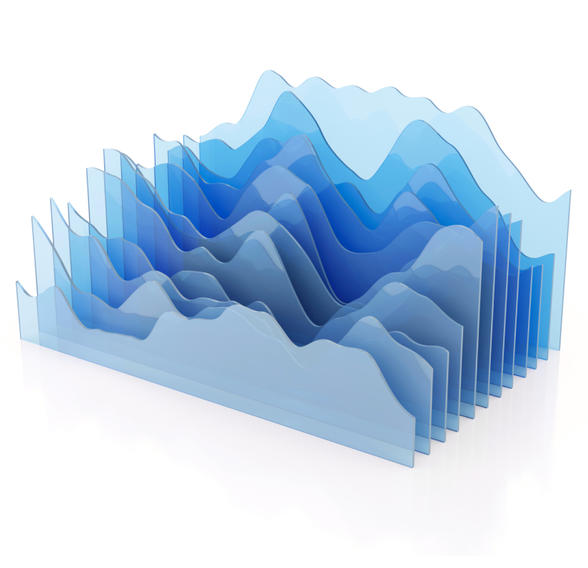 three-dimensional line graph in transparent shades of blue, representing omnichannel data.