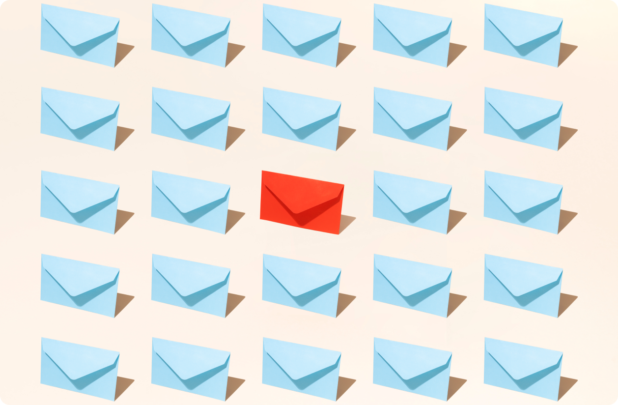 Collage of blue envelopes with a red envelope in the center.