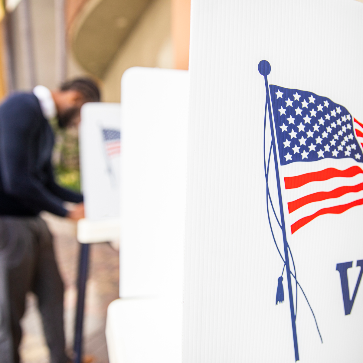 Close up of an American flag illustration on the sidewall of a row of voting booths.