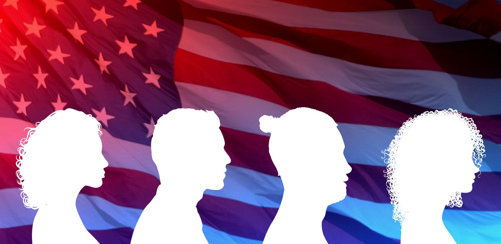 Silhouettes of four people in front of an American flag waving in the wind.