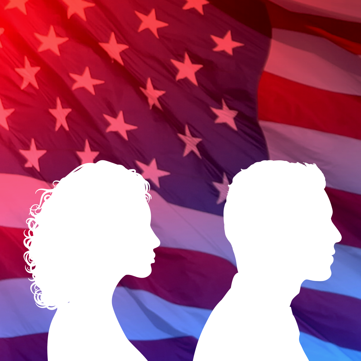 Silhouettes of four people in front of an American flag waving in the wind.