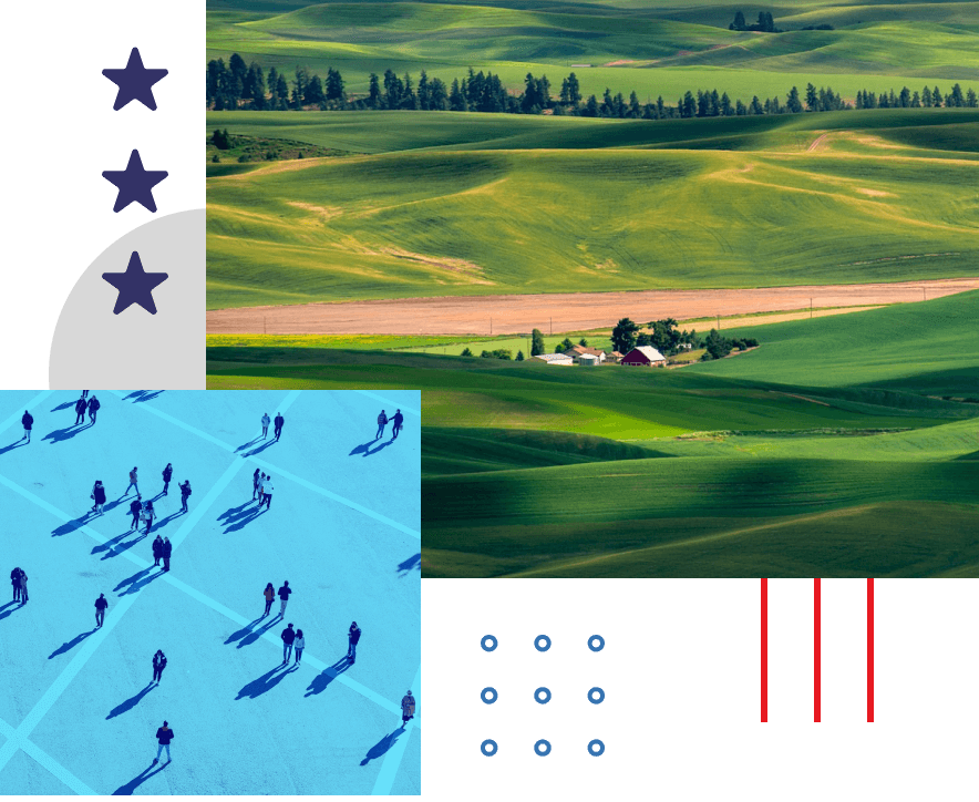 Collage of a birds-eye-view of a group of people standing outside as sunlight casts their shadows on the ground and a rural landscape of rolling green hills with a farm centered