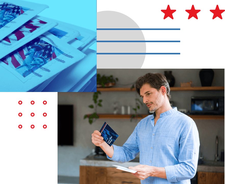 Collage of stack of envelopes with stamps applied, and a man looking at a campaign mailpiece