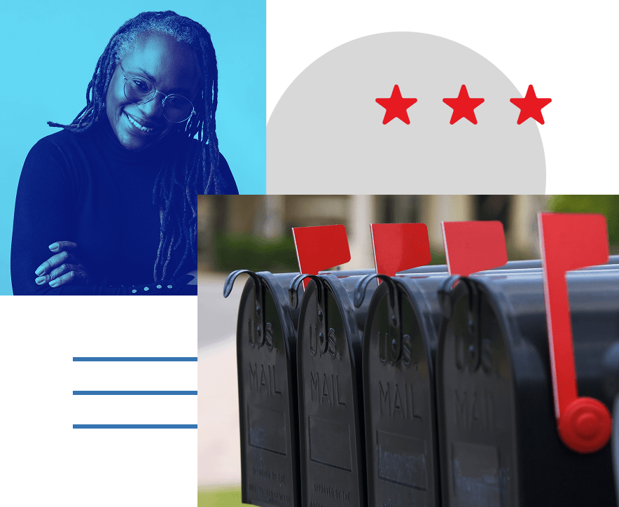 Collage of a woman smiling and a row of mailboxes with red mailbox flags raised