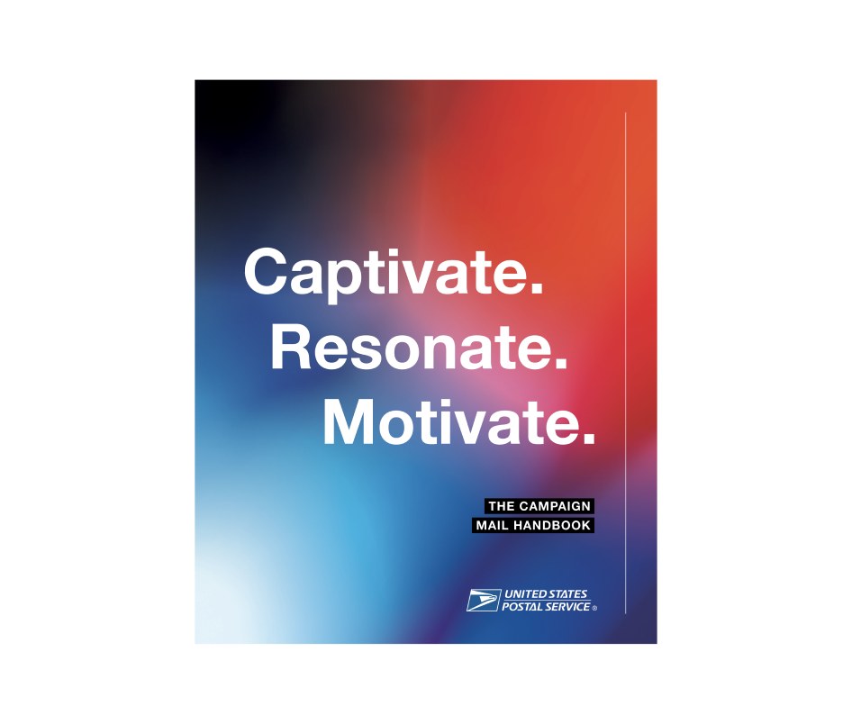 Gradient cover of the Campaign Mail Handbook with the USPS Eagle Head logo in the bottom right corner.