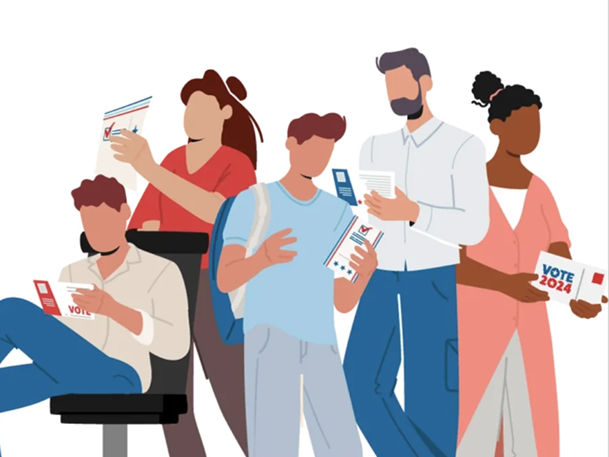 Illustration of voters from varying demographics looking at their ballots.