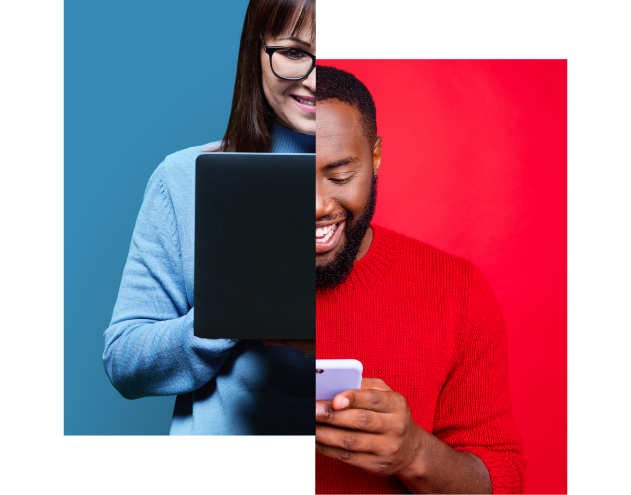 Collage juxtaposition of a man using a smartphone and a woman using a laptop, demonstrating omnichannel connectivity.