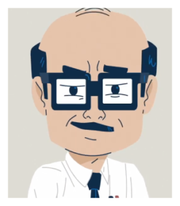 Illustration of a scowling man wearing a tie and square glasses.