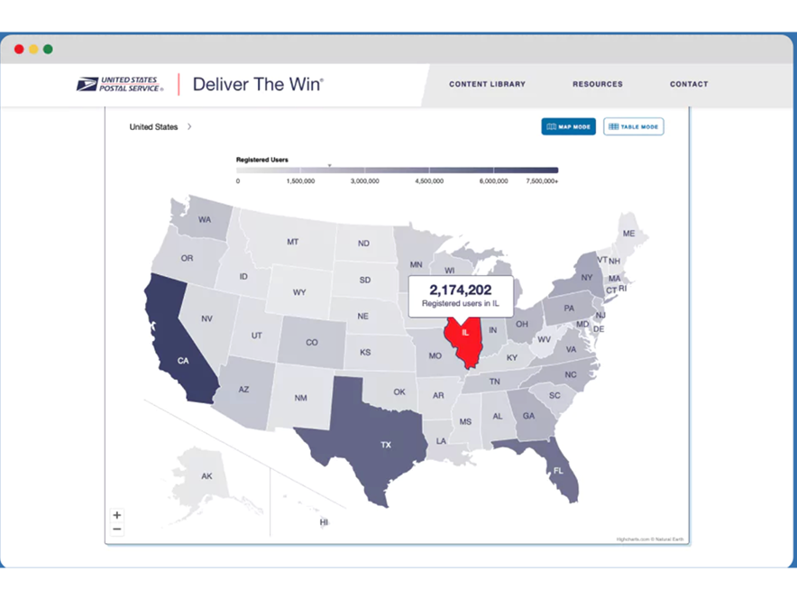 Informed delivery tool, map mode preview, with all 50 states highlighted in varying colors