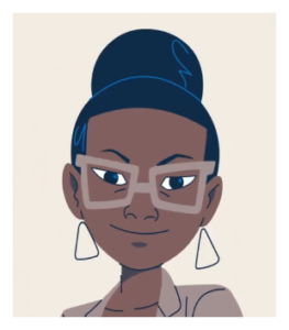 Illustration of a smiling woman wearing glasses and dangling earrings.