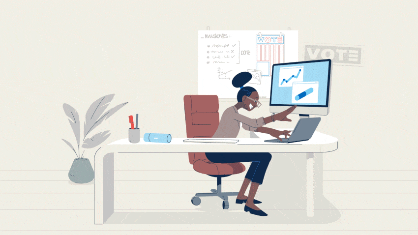 Illustration of a hardworking campaign staffer sitting at an organized work desk. She is multitasking and engaging with various activities in a focused atmosphere.