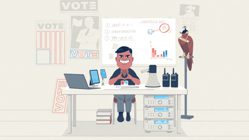 Illustration of a confident campaign staffer, sitting calmly at his desk surrounded by an array of communication tools. He wears a menacing expression, waiting for a reply to his many methods of outreach.