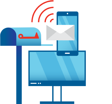 Graphic of mailbox, envelope, mobile phone, computer