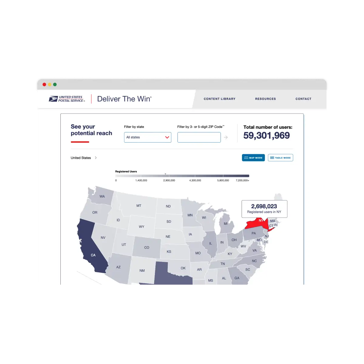 Screenshot image of the Informed Delivery User Interaction Map, built to showcase the number of Informed Delivery users by state and zip code.